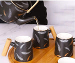 Nordic Style Feather Design Luxury Porcelain Tea Set With Tray - 9 Pcs