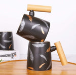 Nordic Feather Ceramic Mug Set with Bamboo Tray – 9 Pcs