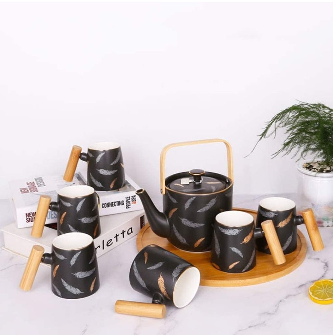 Nordic Feather Ceramic Mug Set with Bamboo Tray – 9 Pcs