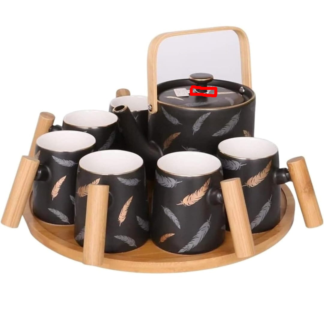 Nordic Feather Ceramic Mug Set with Bamboo Tray – 9 Pcs