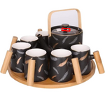 Nordic Feather Ceramic Mug Set with Bamboo Tray – 9 Pcs