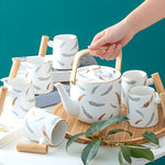 Nordic Style Feather Design Luxury Porcelain Tea Set With Tray - 9 Pcs