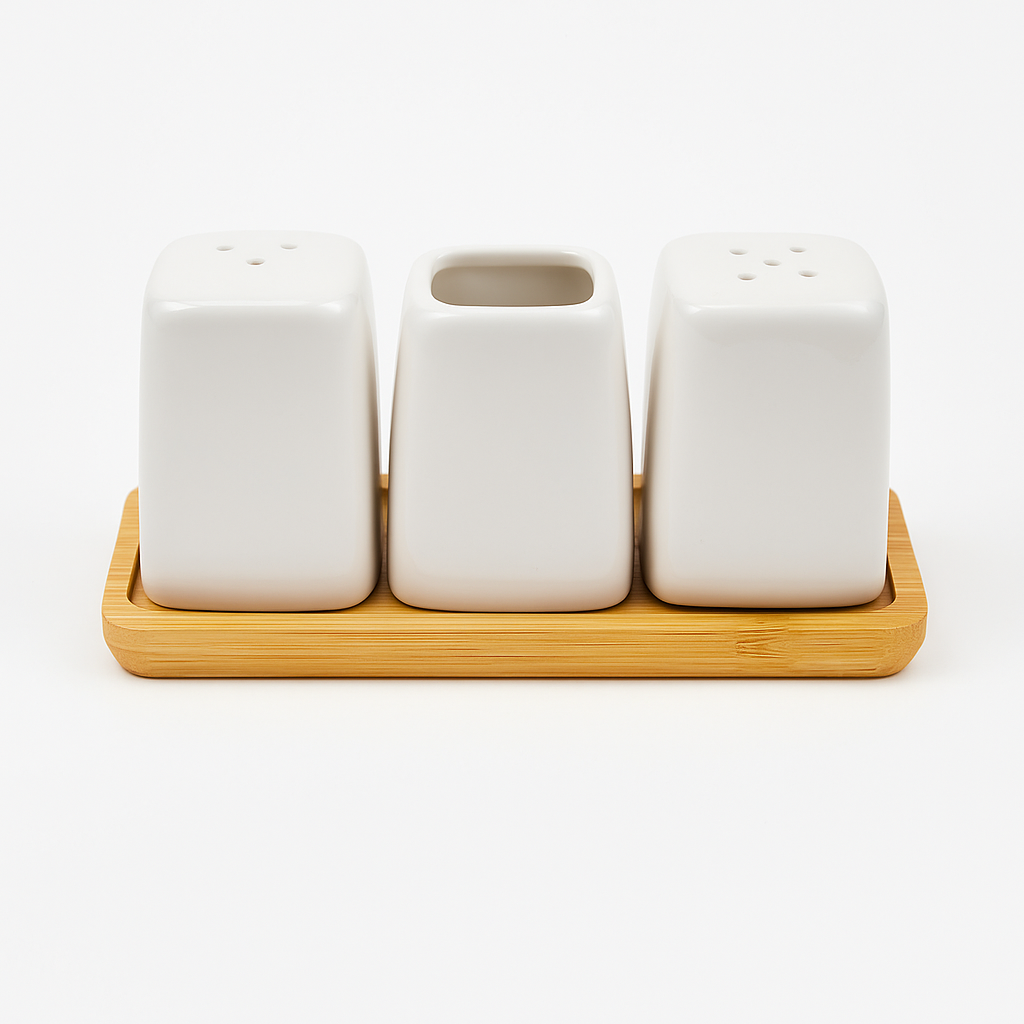 White Ceramic Salt & Pepper Shaker Set with Bamboo Tray
