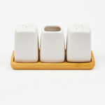White Ceramic Salt & Pepper Shaker Set with Bamboo Tray