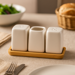 White Ceramic Salt & Pepper Shaker Set with Bamboo Tray
