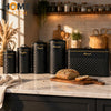 Matte Black Bread Bin & Kitchen Canister Set Copper Handles | Tea Coffee Sugar Biscuit Storage