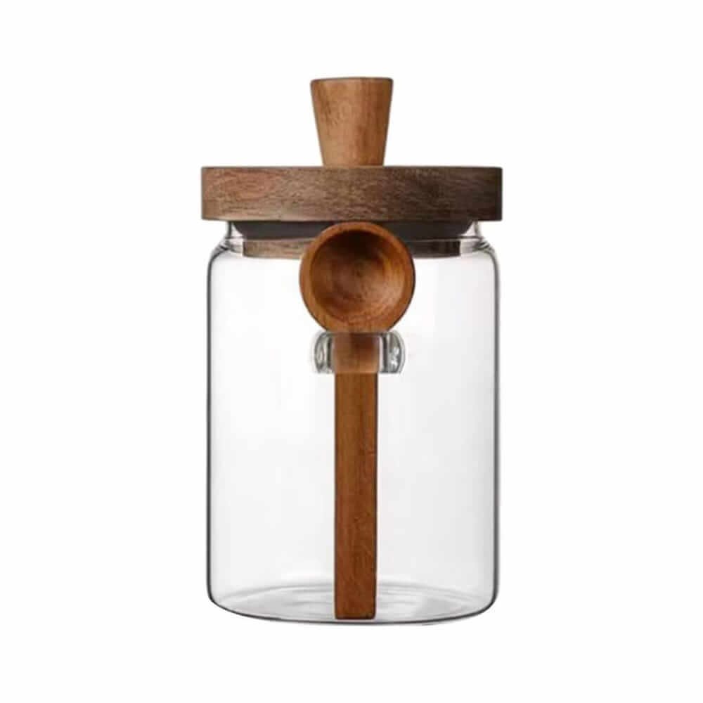 Premium Glass Storage Jar with Acacia Wood Lid and Wooden Spoon – Airtight Kitchen Container – Home Hatch Pakistan