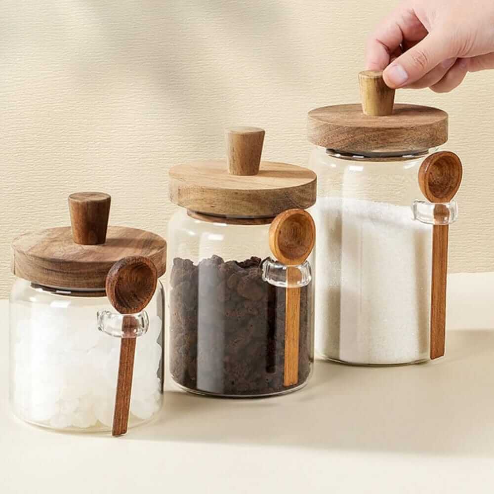 Premium Glass Storage Jar with Acacia Wood Lid and Wooden Spoon – Airtight Kitchen Container – Home Hatch Pakistan