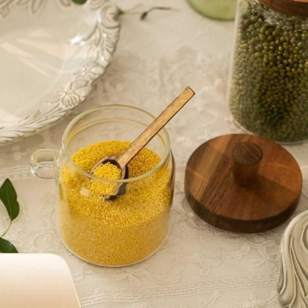 Premium Glass Storage Jar with Acacia Wood Lid and Wooden Spoon – Airtight Kitchen Container – Home Hatch Pakistan