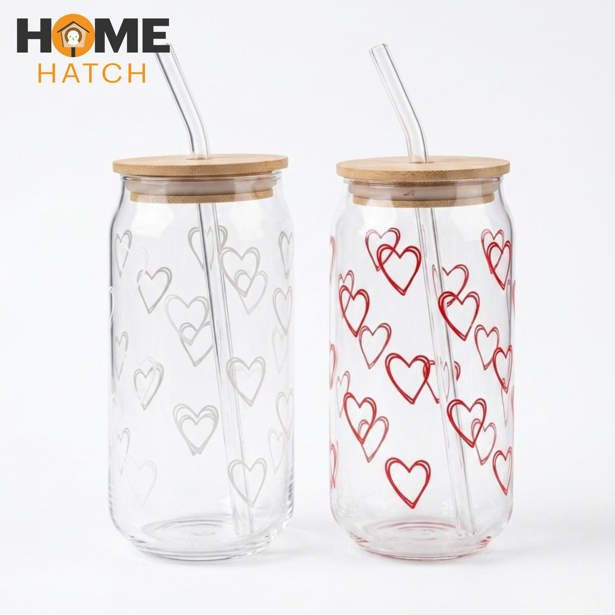 premium heart print glass tumbler with bamboo lid and glass straw aesthetic drinkware – Pakistan