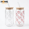 Premium Heart Print Glass Tumbler with Bamboo Lid & Glass Straw | Aesthetic Drinking Cup
