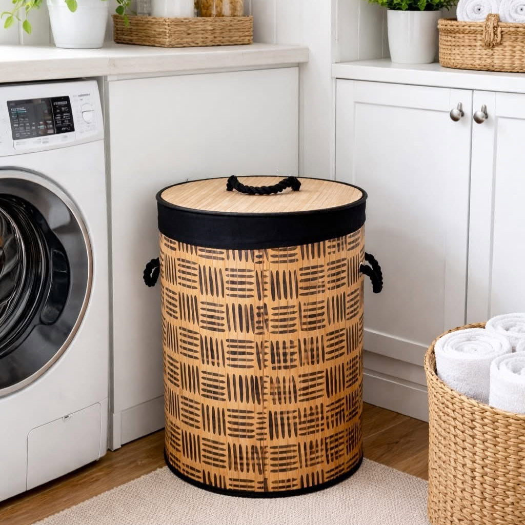 A tall cylindrical woven laundry hamper with a bamboo-style body, black patterned accents, and a black handle, placed in a bright laundry room next to a washing machine.