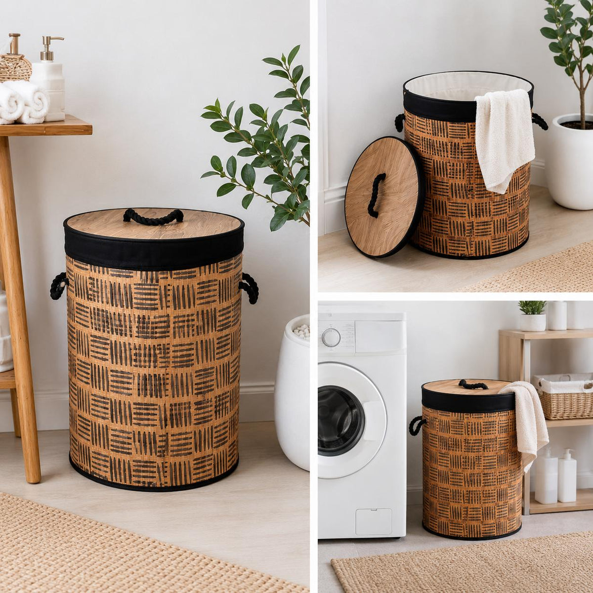A collage showing a woven cylindrical laundry hamper with a matching lid in a bright home setting. The hamper has a natural tan basket-weave pattern with black trim and handles, and a white towel is draped over one view.