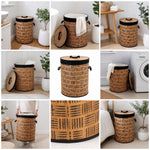 A 3x3 collage showing a woven round laundry hamper in multiple home settings. The hamper has a natural tan wicker body with a black lid and black side handles, shown open, closed, and next to a washing machine or bathroom fixtures.