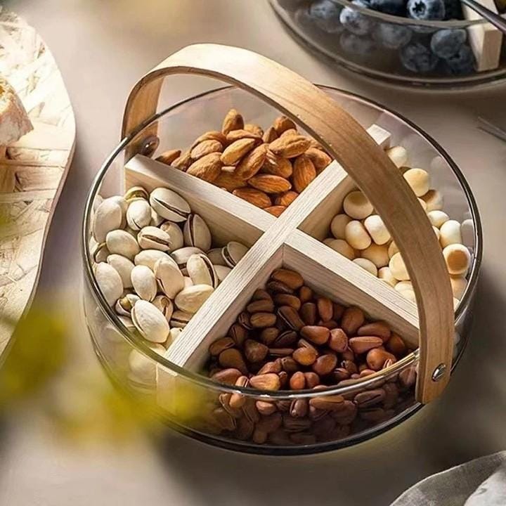 Premium clear glass divided snack tray with wooden handle and 4 compartments for serving dry fruits, nuts, candies, chocolates and snacks.