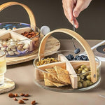 Premium Glass Divided Snack Tray with Wooden Handle | 4-Compartment Dry Fruit, Nuts & Candy Serving Platter