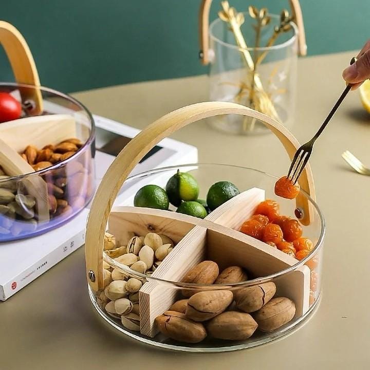 Premium Glass Divided Snack Tray with Wooden Handle | 4-Compartment Dry Fruit, Nuts & Candy Serving Platter