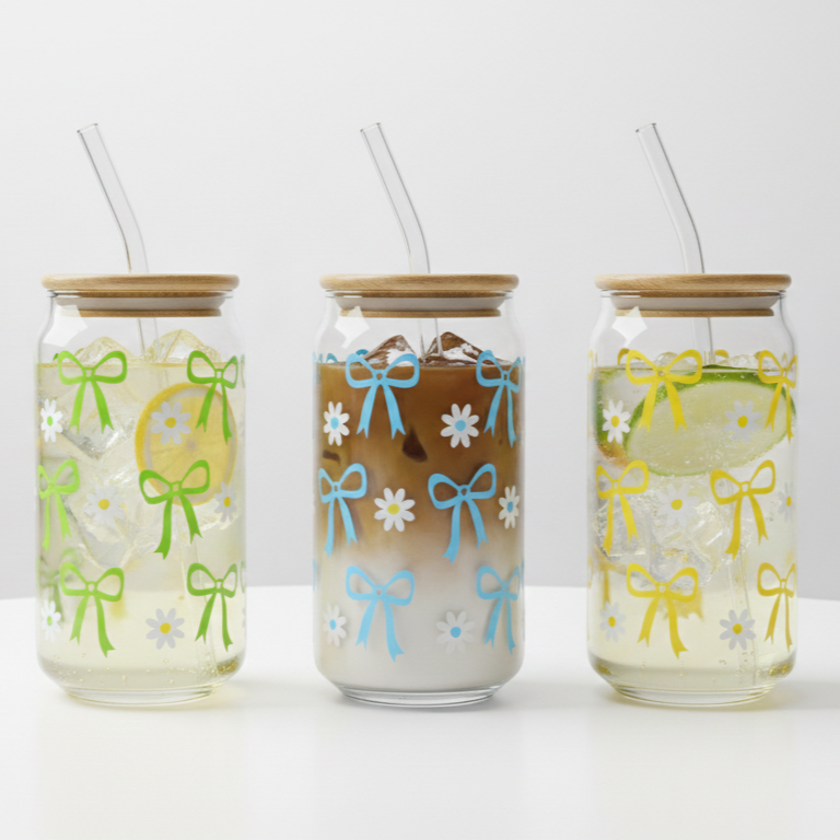 Printed glass tumbler with bow and daisy design bamboo lid and glass straw for iced coffee and daily drinks