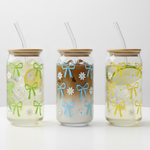 Printed glass tumbler with bow and daisy design bamboo lid and glass straw for iced coffee and daily drinks