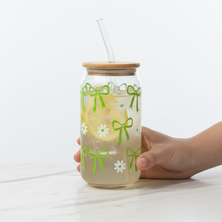 Printed glass tumbler with bow and daisy design bamboo lid and glass straw for iced coffee and daily drinks