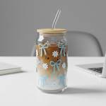 Printed glass tumbler with bow and daisy design bamboo lid and glass straw for iced coffee and daily drinks