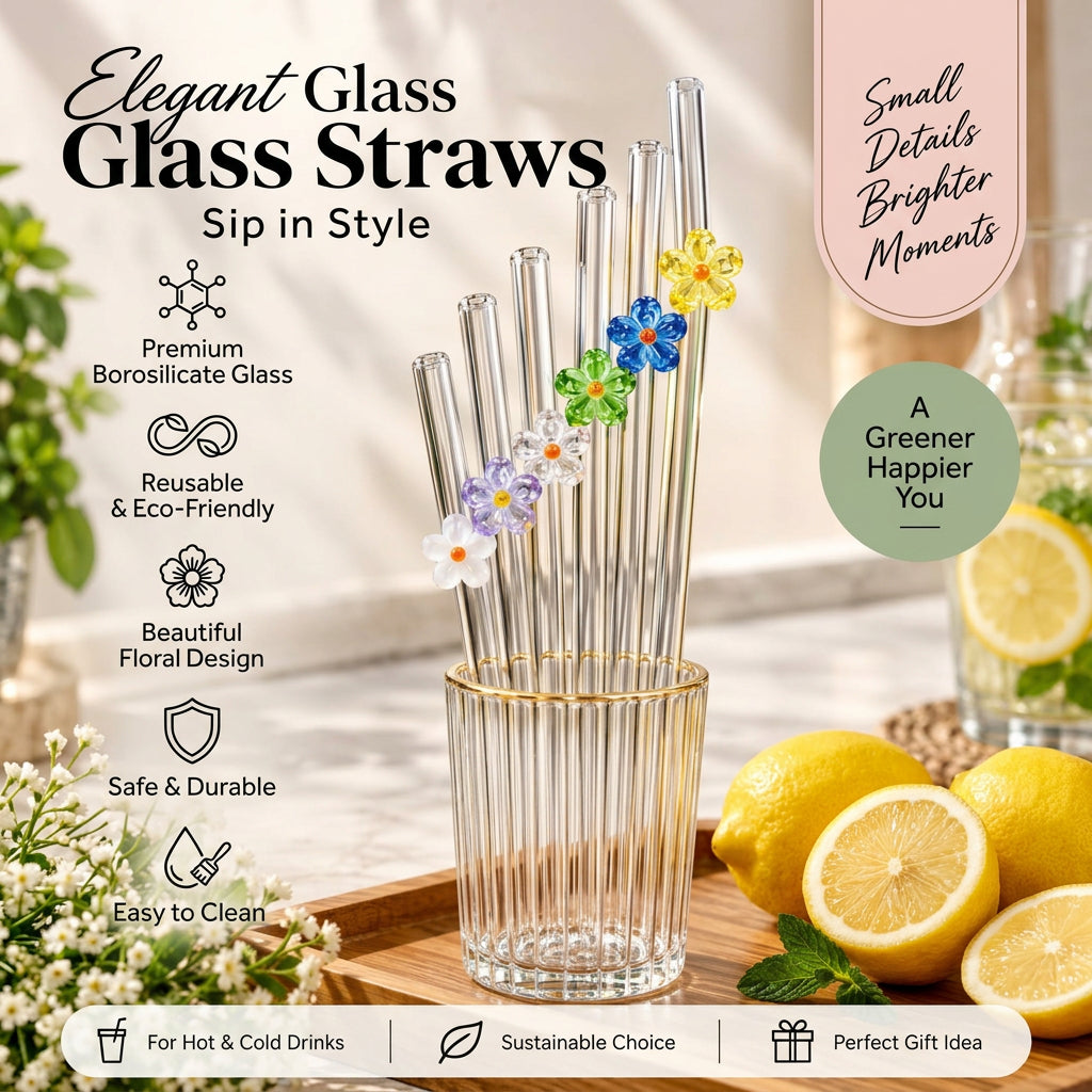 flower glass straw set, 6 piece glass straw set, reusable flower glass straws, borosilicate glass drinking straws, floral glass straws, glass straws with cleaning brush, cute glass straws, aesthetic drinking straws, reusable glass straws Pakistan, flower straw set Pakistan, glass straw set Pakistan, borosilicate glass straws Pakistan, iced coffee glass straw, matcha glass straw, juice drinking straws, floral drinkware accessories, reusable drinking straw set, cute coffee accessories Pakistan, glass tumble