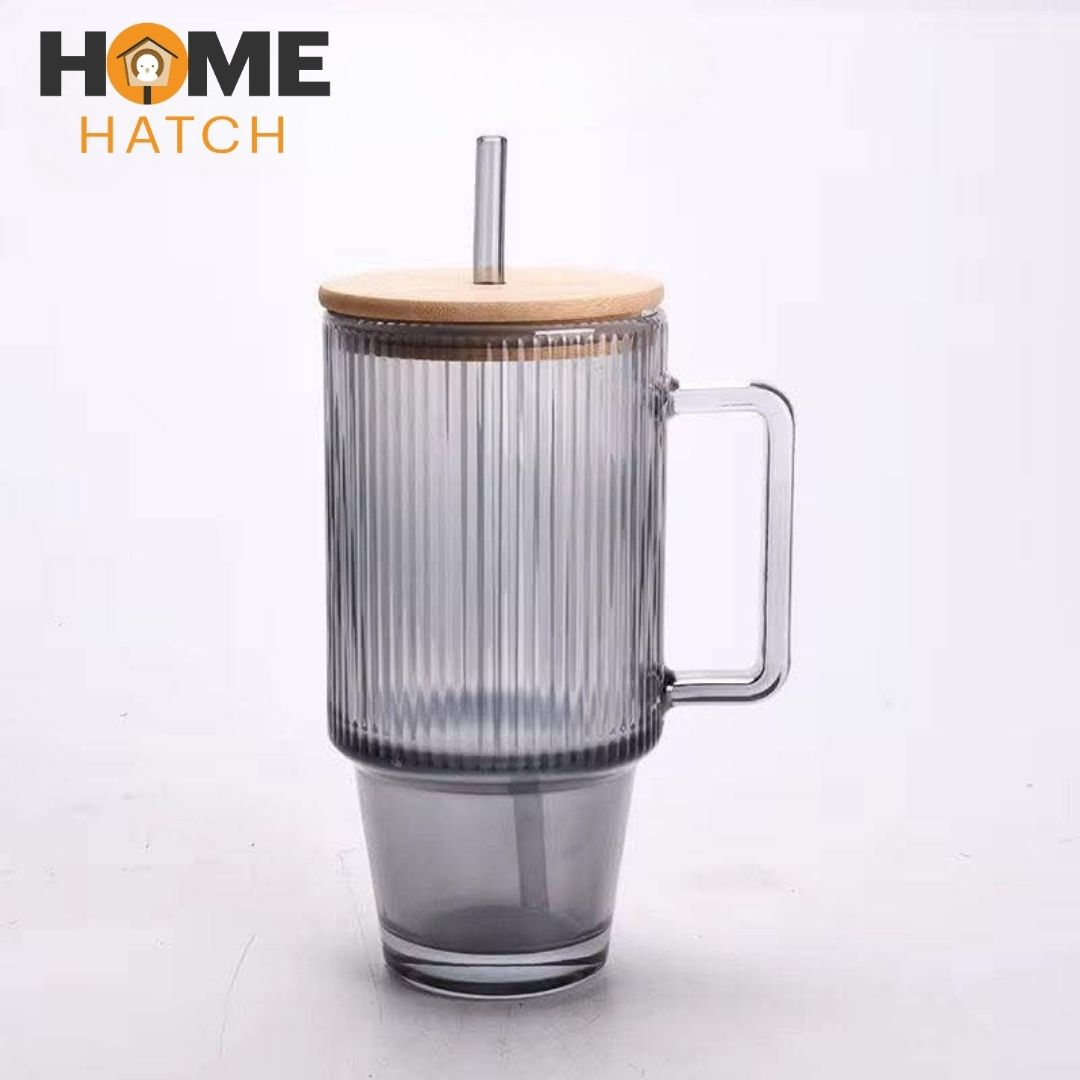 Ribbed Glass Tumbler 620ml Pakistan – Borosilicate Cup with Handle, Bamboo Lid & Straw for Iced Coffee, Tea & Smoothies