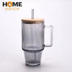 Ribbed Glass Tumbler 620ml Pakistan – Borosilicate Cup with Handle, Bamboo Lid & Straw for Iced Coffee, Tea & Smoothies