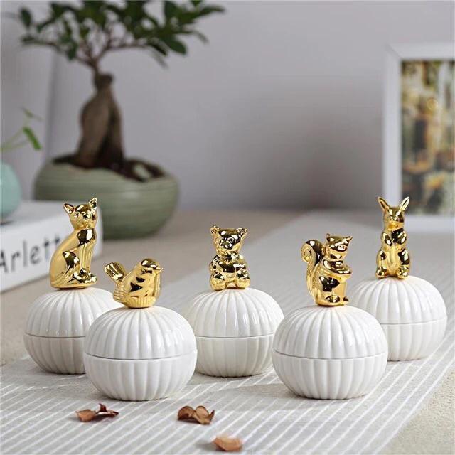 Round Gold Animal Lid White Ceramic Candy Jar | Storage Jar | Center Piece