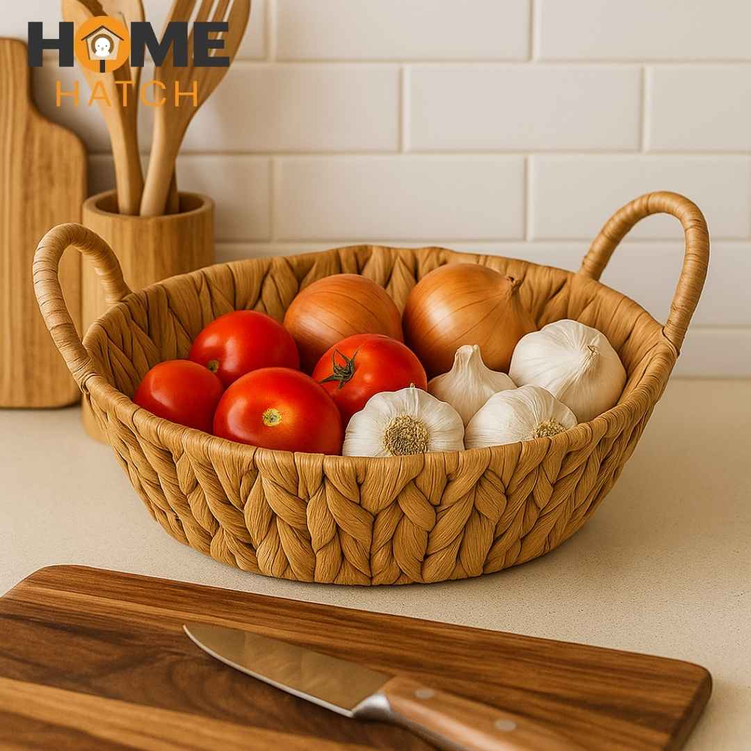 Round handwoven natural fiber basket for home décor and storage – Home Hatch Pakistan