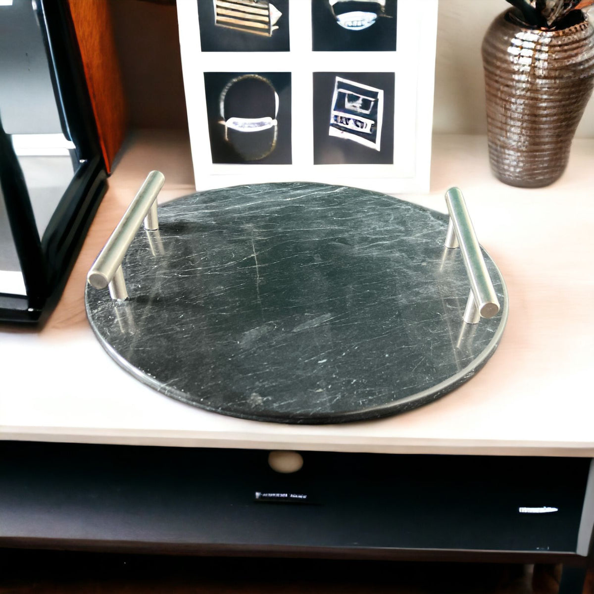 Elegant Round Marble Tray With Metal Handle | Organizer Tray - Home Hatch