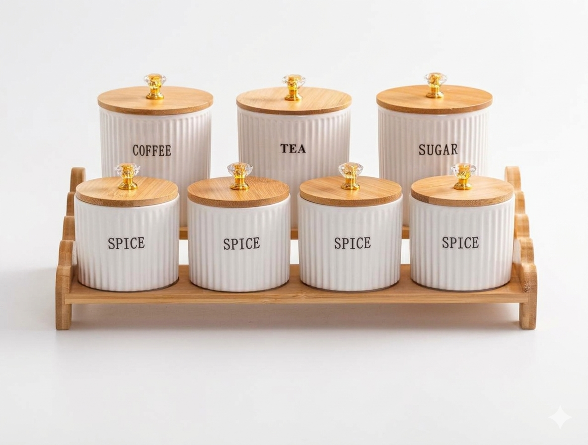 Royal kitchen storage jar set 7 pcs ceramic canisters with wooden stand – Home Hatch Pakistan