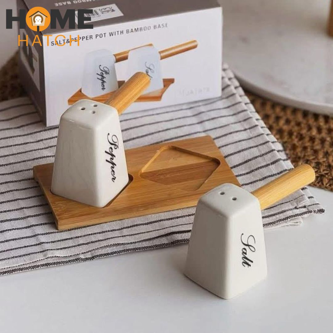 Hammer Shape Porcelain Salt and Pepper Shakers with Bamboo Handle and Tray