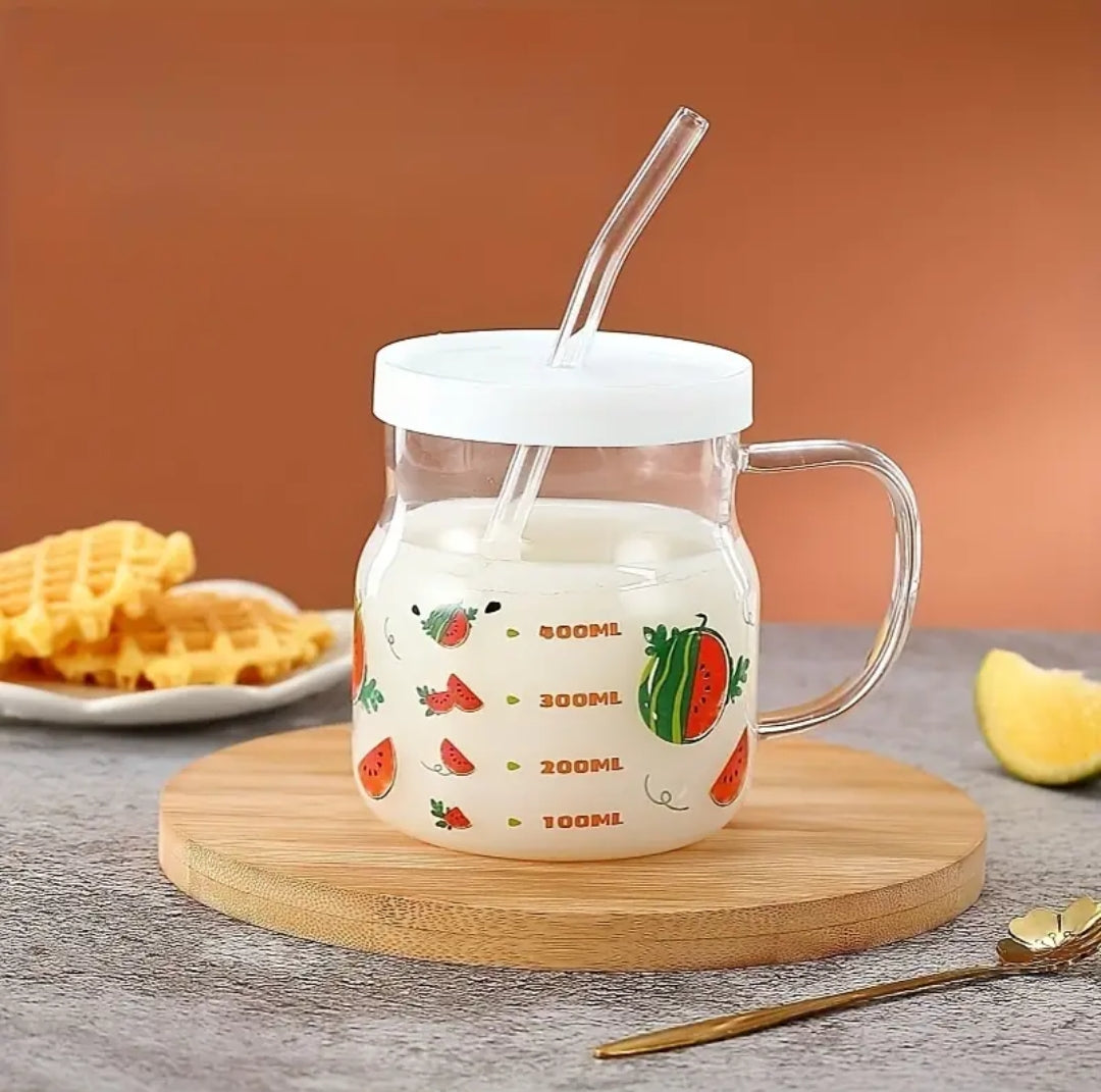 Fruit Pattern Drinking Mug with Lid And Glass Straw