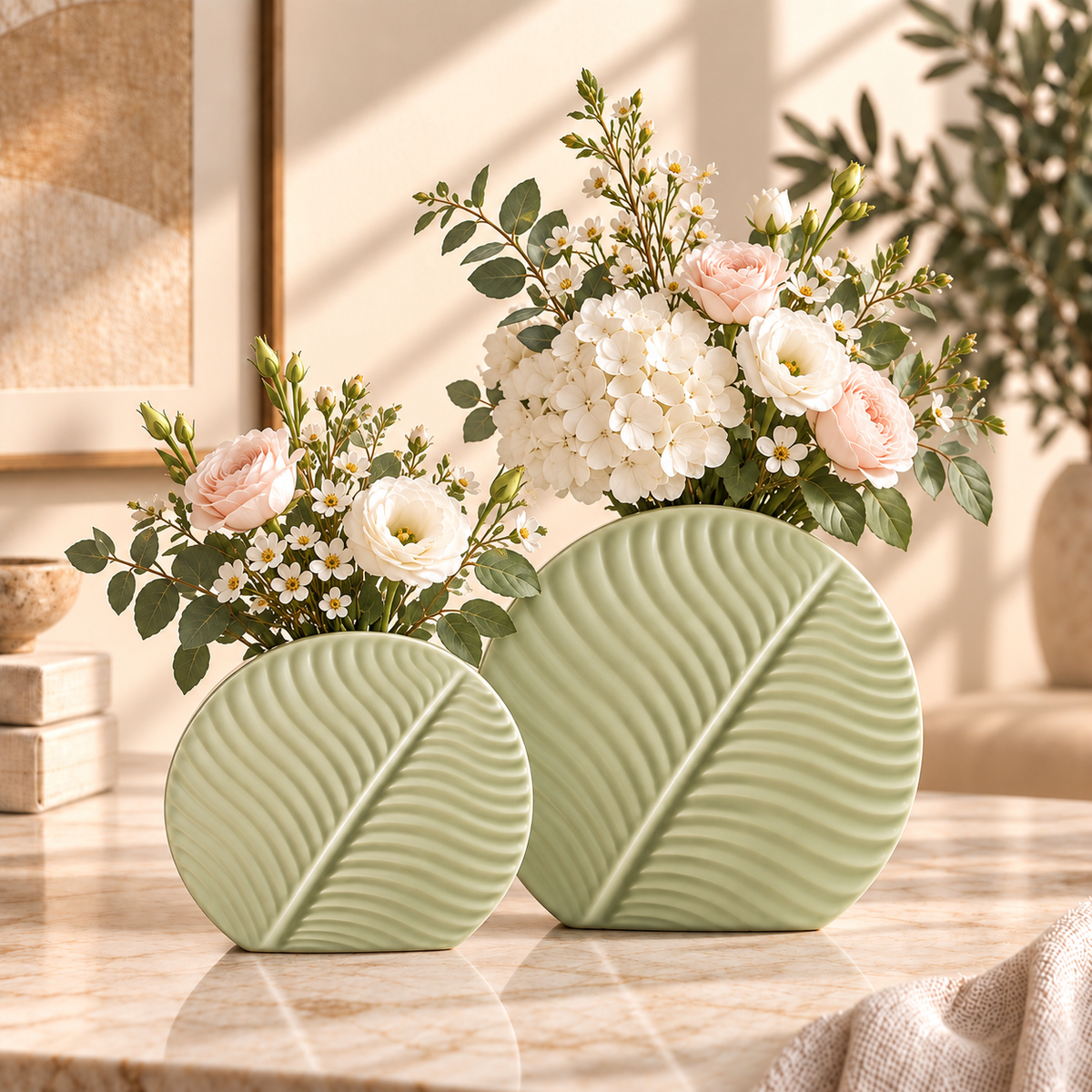 Set of 2 & 3 Nordic leaf-shaped ribbed ceramic decorative flower vases for modern living room, console table and home décor. Nordic ceramic vasesleaf shaped ceramic vaseset of 3 ceramic vasesmodern decorative vasesribbed ceramic vaseflower vase setliving room decorative vaseceramic vase for home decormodern home decor vasedecorative vases Pakistan