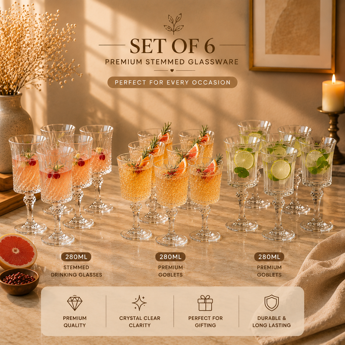 Set of 6 clear 280ml stemmed drinking glasses and premium goblets for serving water, juice, mocktails and cold beverages.stemmed drinking glasses280ml drinking glassesglass goblet set of 6premium glass gobletswater goblet setjuice drinking glassesmocktail glassesstemmed glass setclear drinking gobletsdrinking glasses set of 6