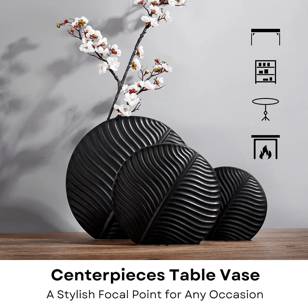 Nordic ceramic vasesleaf shaped ceramic vaseset of 3 ceramic vasesmodern decorative vasesribbed ceramic vaseflower vase setliving room decorative vaseceramic vase for home decormodern home decor vasedecorative vases Pakistan
