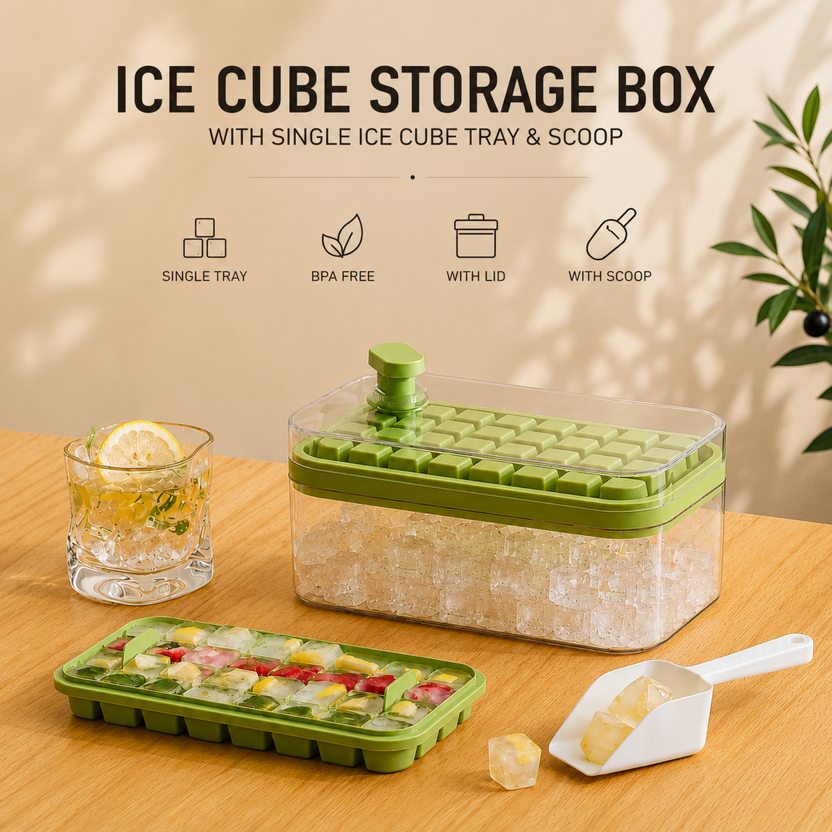 ice cube storage boxice cube tray with storage boxice maker containerice storage container with lidice cube box with scoopice tray with scoopfreezer ice storage boxice cube maker boxice tray container Pakistanice cube storage box PakistanIce cube storage box with single ice cube tray, scoop and lid for making, storing and serving ice cubes in the freezer.