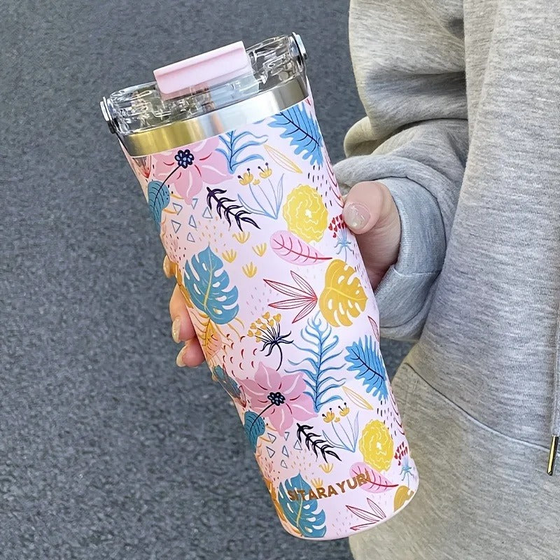 Sitarayuri Floral 40oz Stainless Steel 900ml Tumbler with Handle & Straw – Leakproof & Travel Friendly