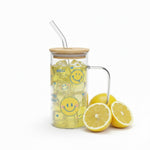 Smiley glass tumbler with bamboo lid and straw – Home Hatch Pakistan