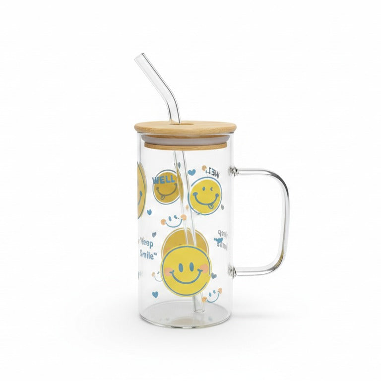 Smiley glass tumbler with bamboo lid and straw – Home Hatch Pakistan