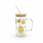 Smiley glass tumbler with bamboo lid and straw – Home Hatch Pakistan