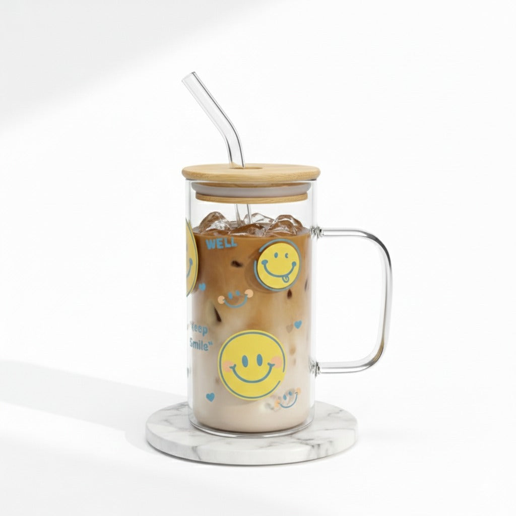 Smiley glass tumbler with bamboo lid and straw – Home Hatch Pakistan