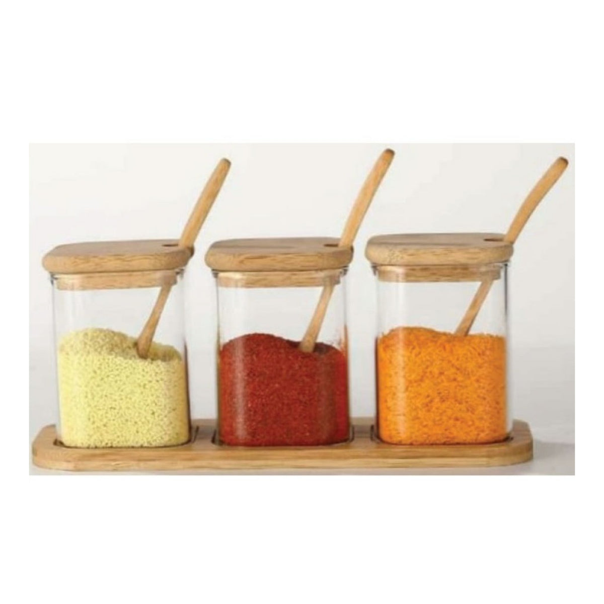 3pcs Seasoning Bamboo Lid Jar Set With Wooden Spoon and Tray