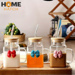 Square Bow Glass Tumbler 620ml Pakistan – Borosilicate Glass Cup with Bamboo Lid, Handle and Straw for Coffee, Smoothies and Juices