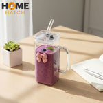 Transparent Square Bow Glass Tumbler Pakistan – Aesthetic Glass Cup with Lid, Handle and Straw for Iced Coffee and Smoothies