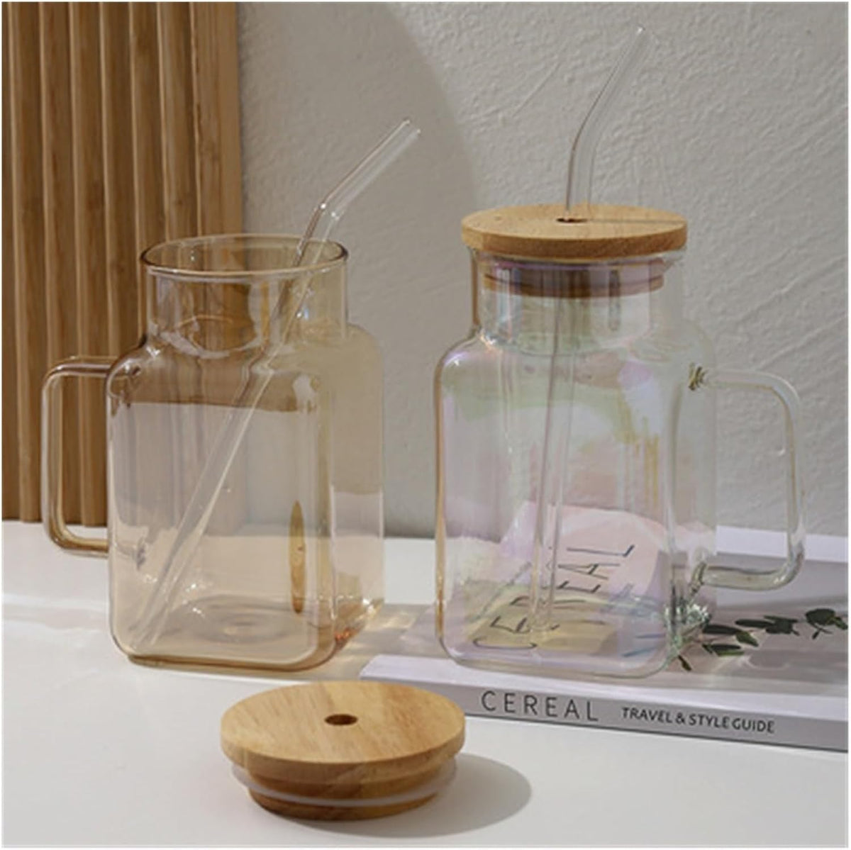 Square Glass Tumbler 620ml Pakistan – Modern Borosilicate Cup with Bamboo Lid, Handle and Straw for Coffee, Smoothies andIced Drinks