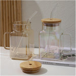 Square Glass Tumbler 620ml Pakistan – Modern Borosilicate Cup with Bamboo Lid, Handle and Straw for Coffee, Smoothies andIced Drinks