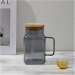Square Glass Tumbler 620ml Pakistan – Modern Borosilicate Cup with Bamboo Lid, Handle and Straw for Coffee, Smoothies andIced Drinks