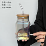 Square Glass Tumbler 620ml Pakistan – Modern Borosilicate Cup with Bamboo Lid, Handle and Straw for Coffee, Smoothies andIced Drinks